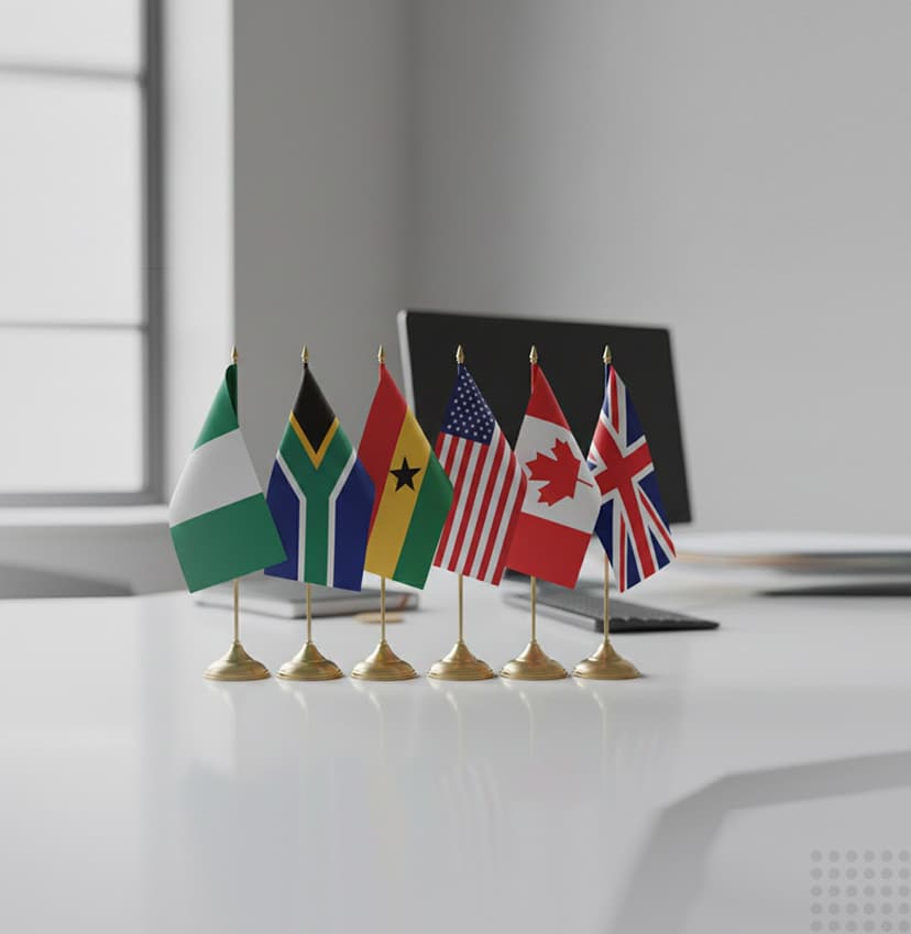 Flags of various countries on a white desk